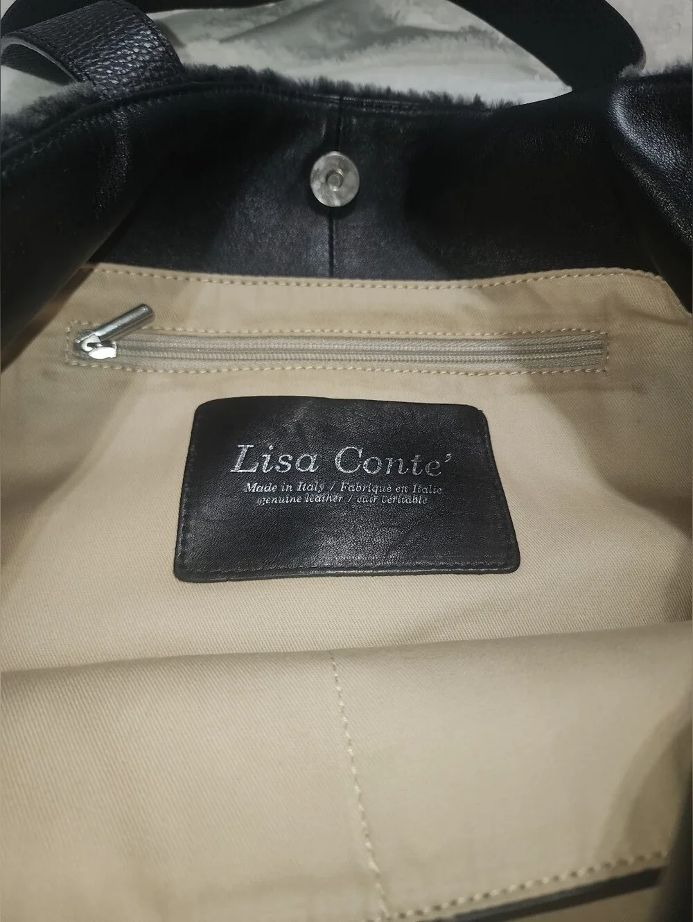 Lisa Conte Italy Black Lambskin & Pebbled Leather tote Featuring Shearling Fur